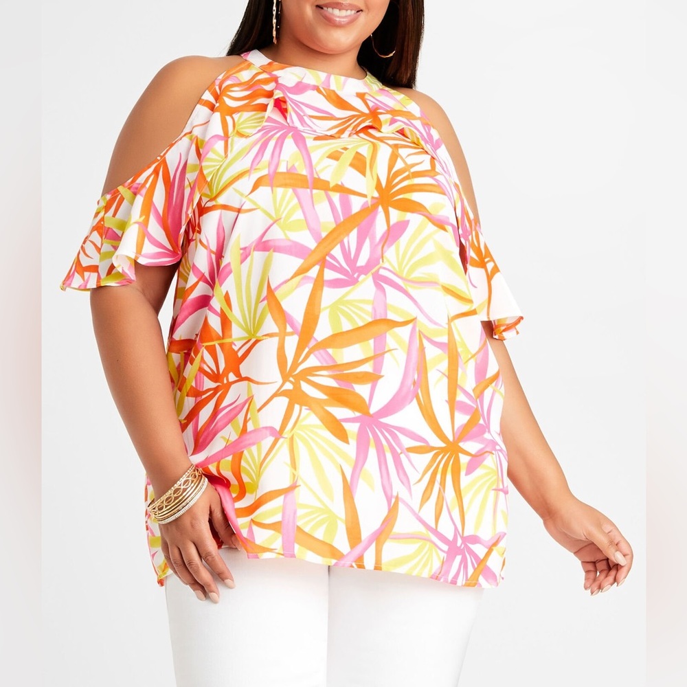 Ashley Stewart Ruffle Palm Print Cold Shoulder Top
Pink orange white size 18/20